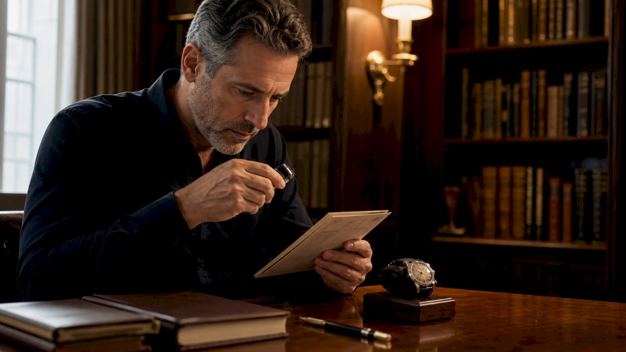 Man inspecting luxury watch service booklet