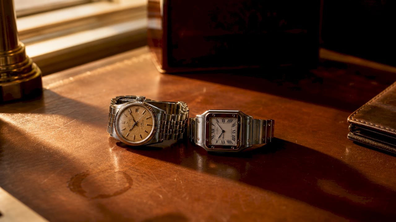 Vintage and modern luxury watches side by side