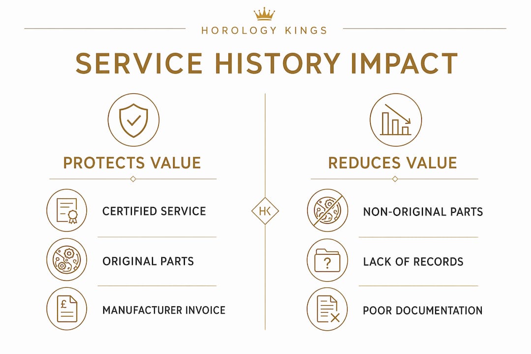 Infographic comparing service history impact on watch value