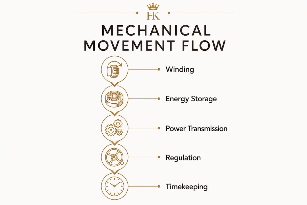 Infographic showing mechanical watch movement stages