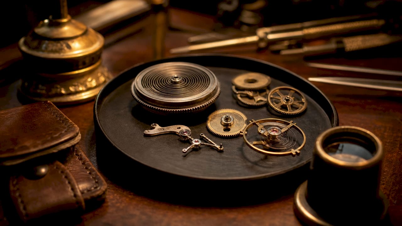 Close-up mechanical watch parts arranged