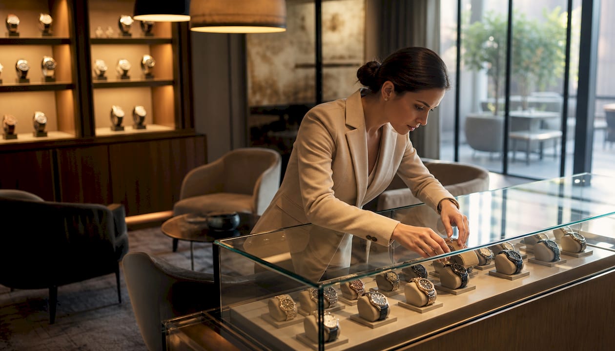 Salesperson arranging watches in boutique display