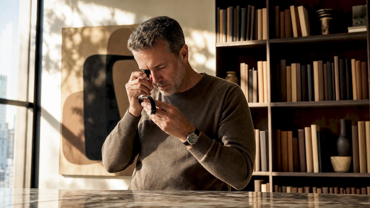 Collector examining watch with loupe at home library