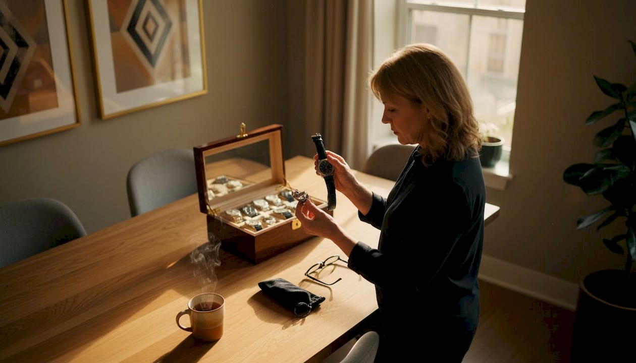 Professional woman examining luxury watch at desk
