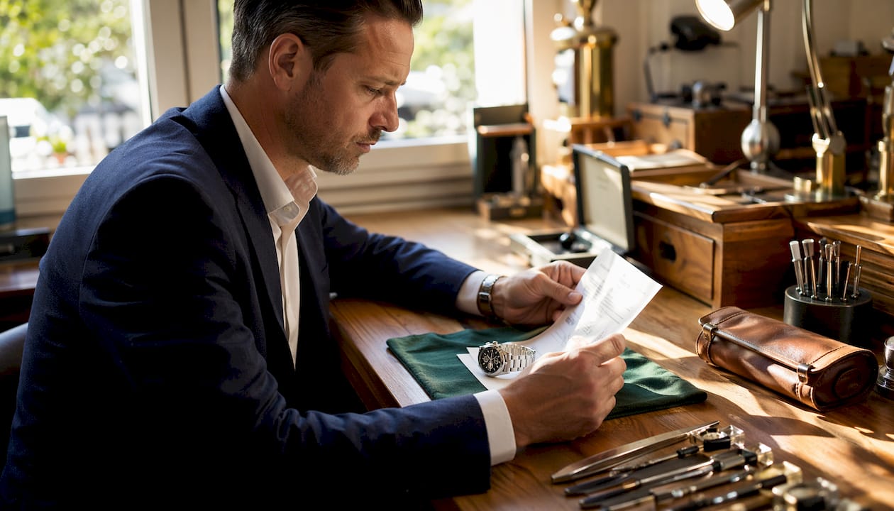 Watch dealer authenticating vintage Rolex Daytona