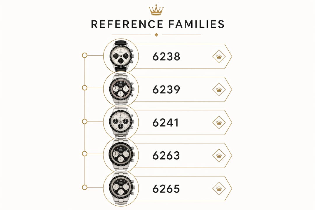 Infographic illustrating vintage Rolex Daytona references