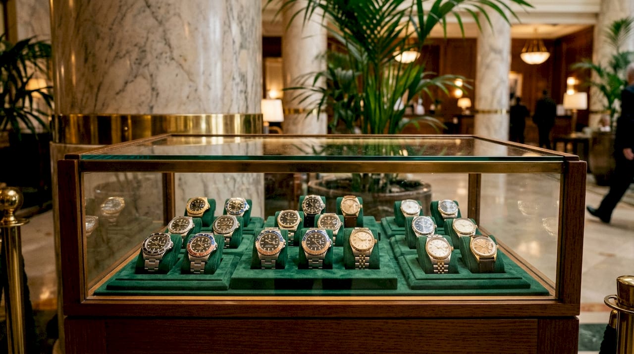 Display case with vintage Rolex sigma watches