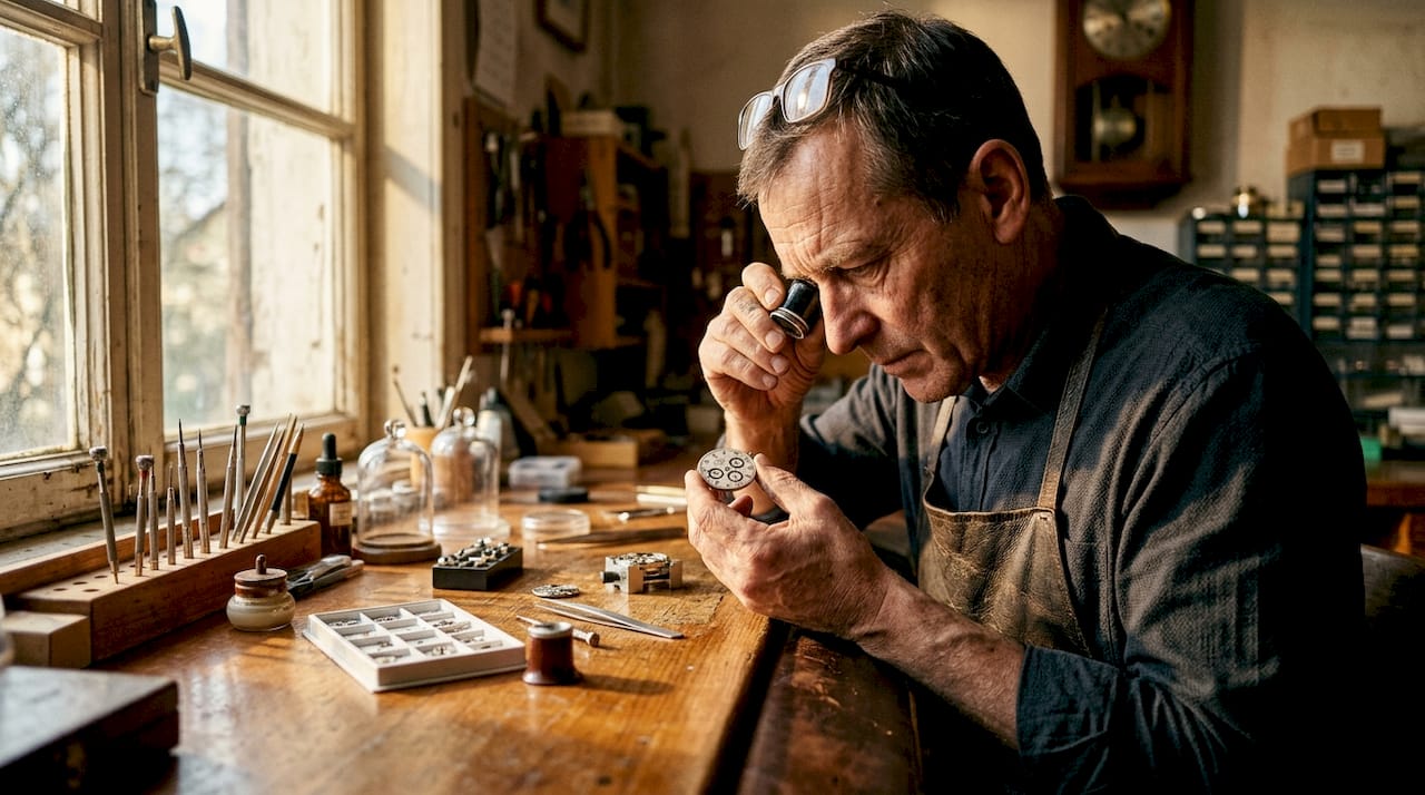 Watchmaker inspecting Rolex dial