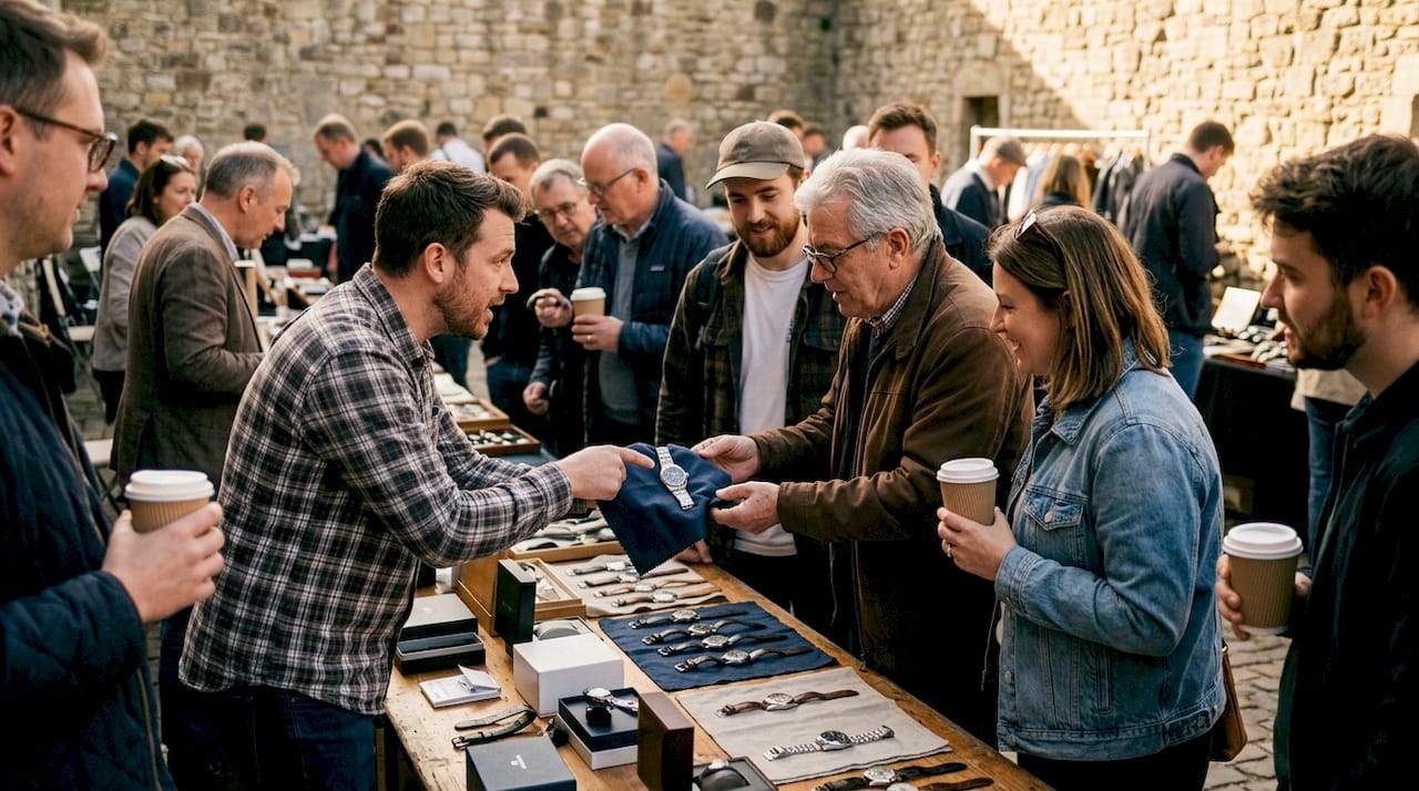 Social gathering at UK watch flea market