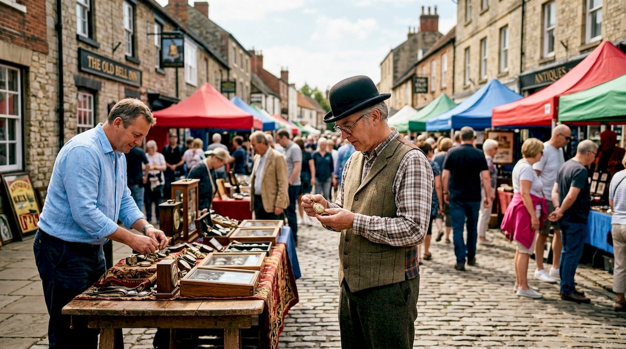 Collector examining vintage watch at UK flea market