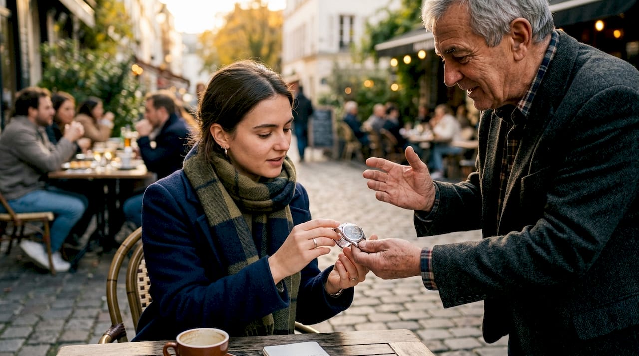 Hands exchanging vintage wristwatch at market