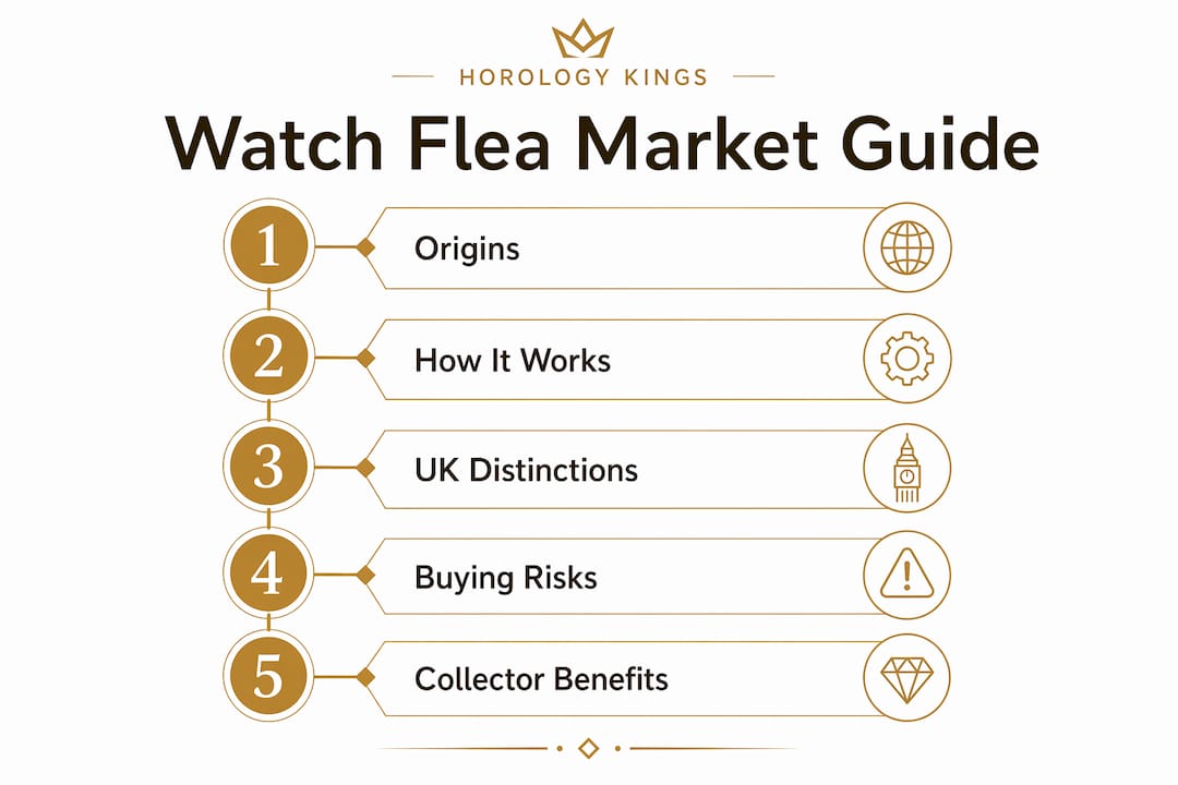 Infographic illustrating watch flea market process and key facts