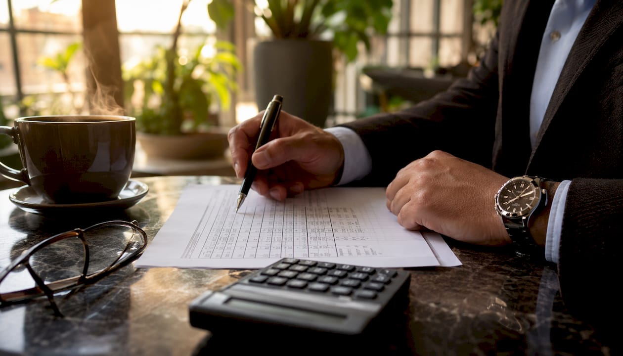 Hands calculating customs duty with paperwork