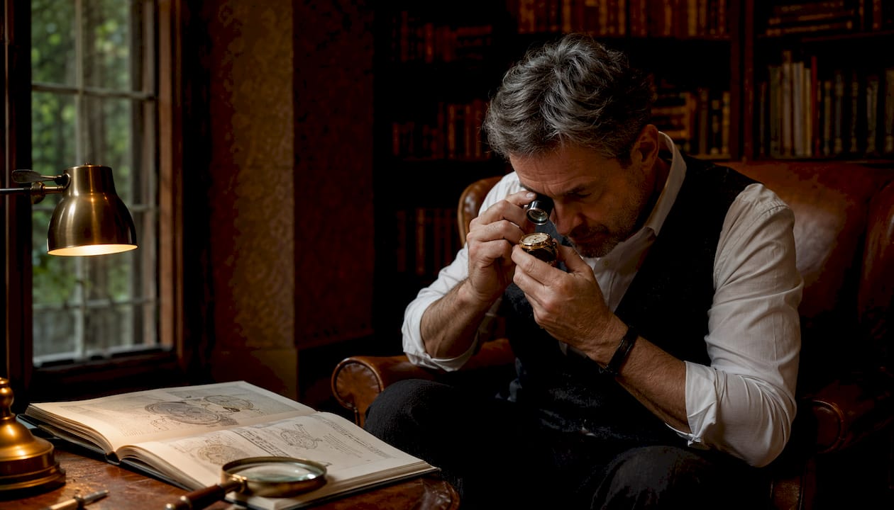Collector inspecting hidden watch markings with loupe