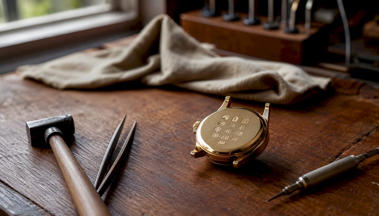 Close-up of hallmarks on a luxury watch case