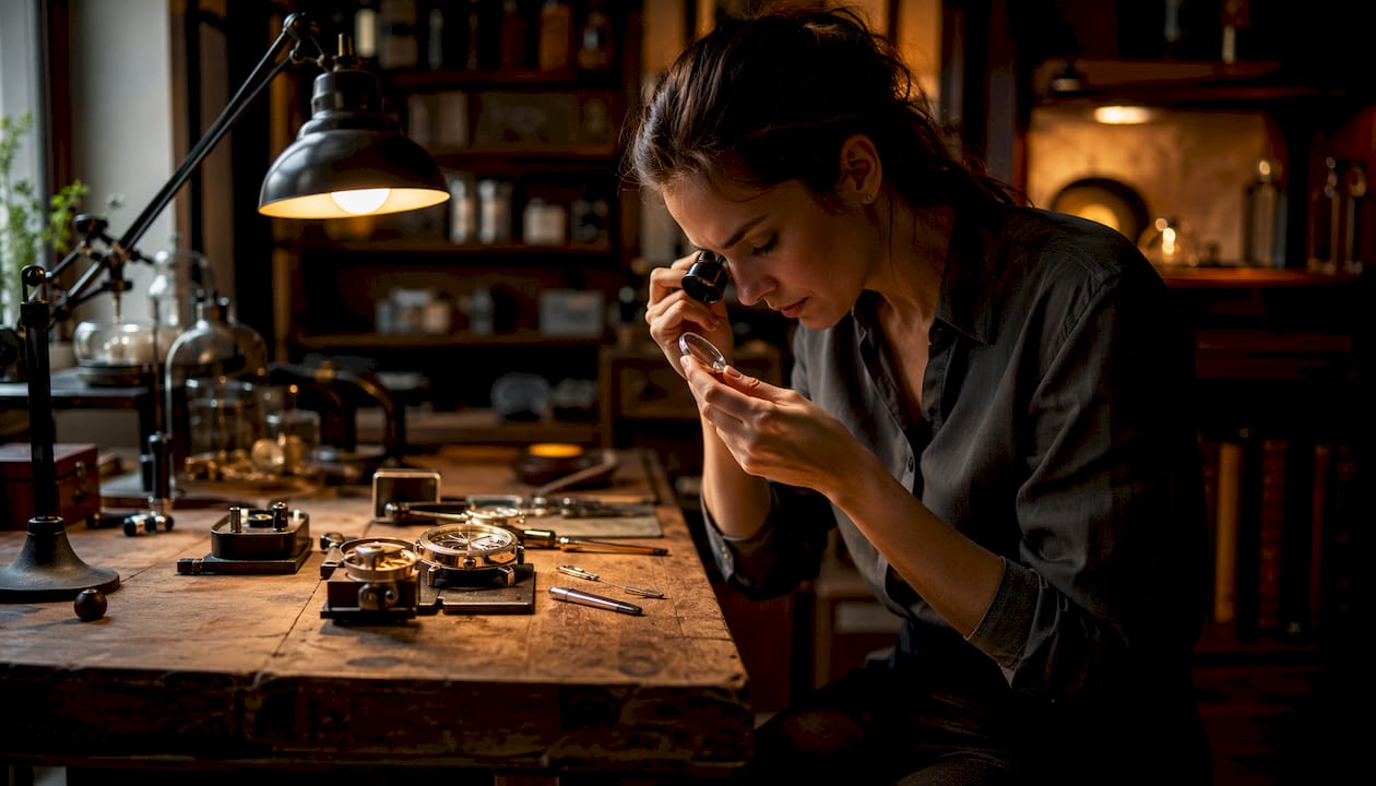Watchmaker examining laser-etched signature on watch crystal