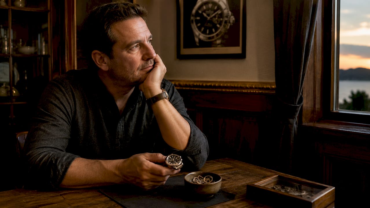 Man thoughtfully holding gifted watch in home study