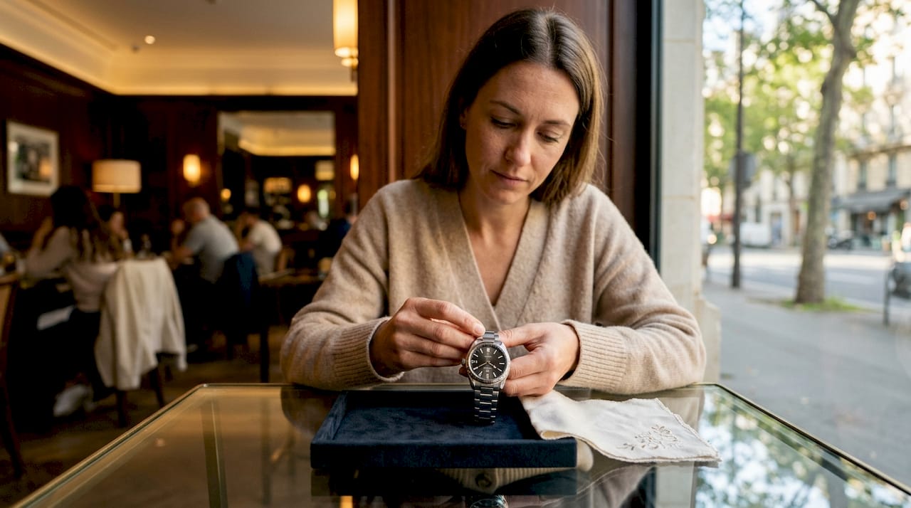 Overhead view of hands examining luxury watch