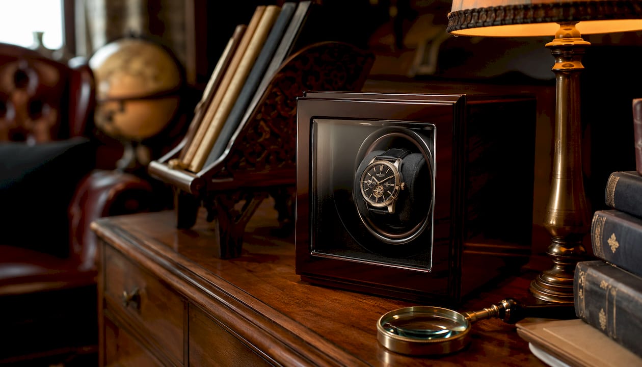 Close-up of automatic watch winder rotating watch