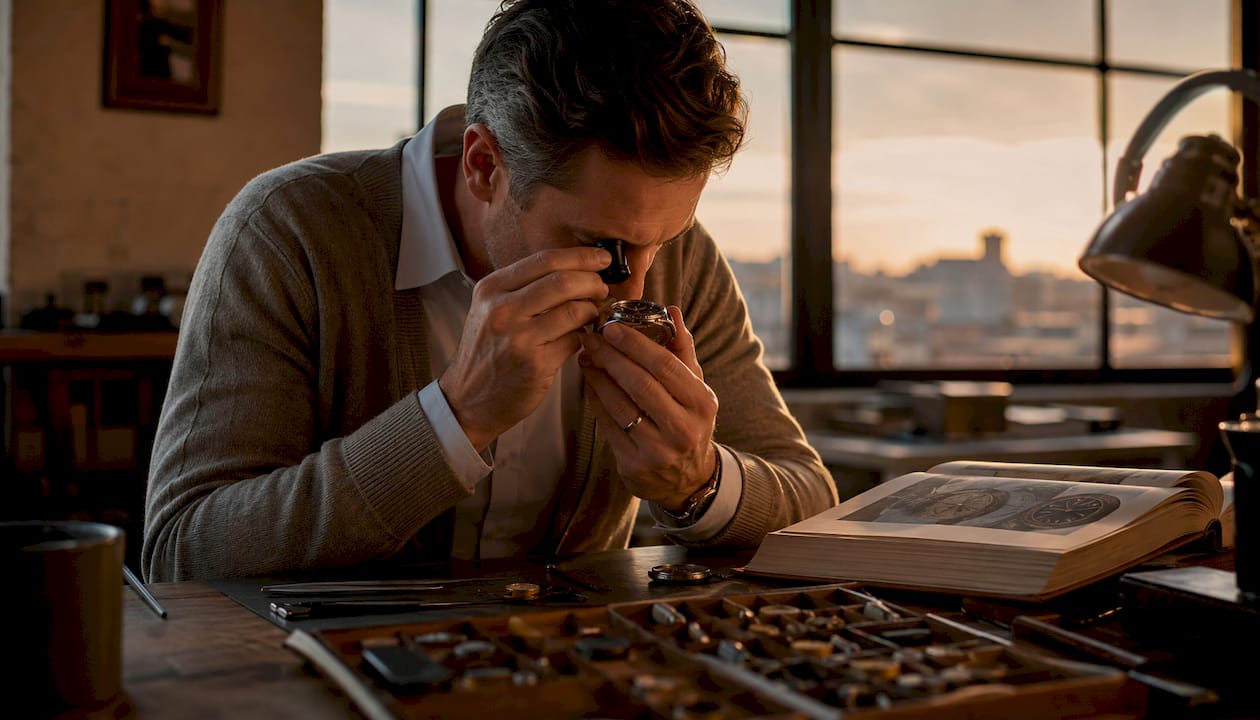 Collector inspecting military watch with loupe