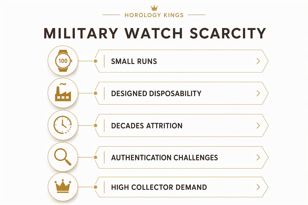 Infographic illustrating key factors behind military watch scarcity