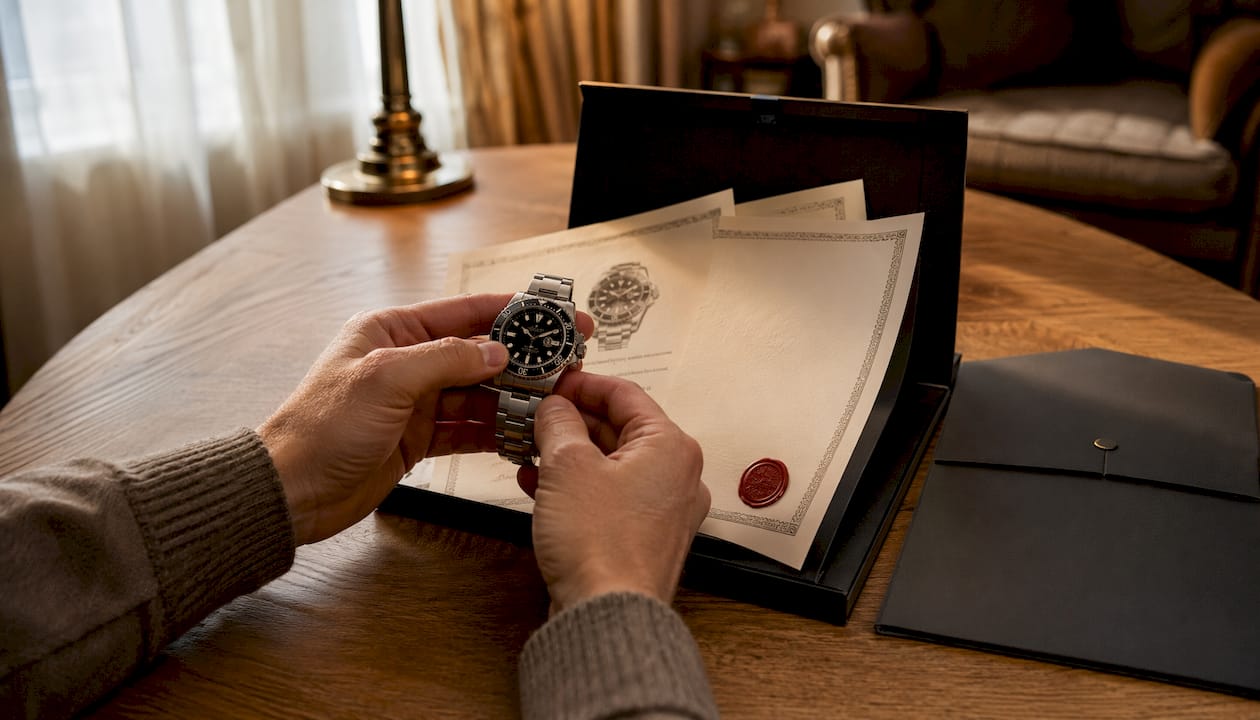 Hands holding Rolex and proof paperwork