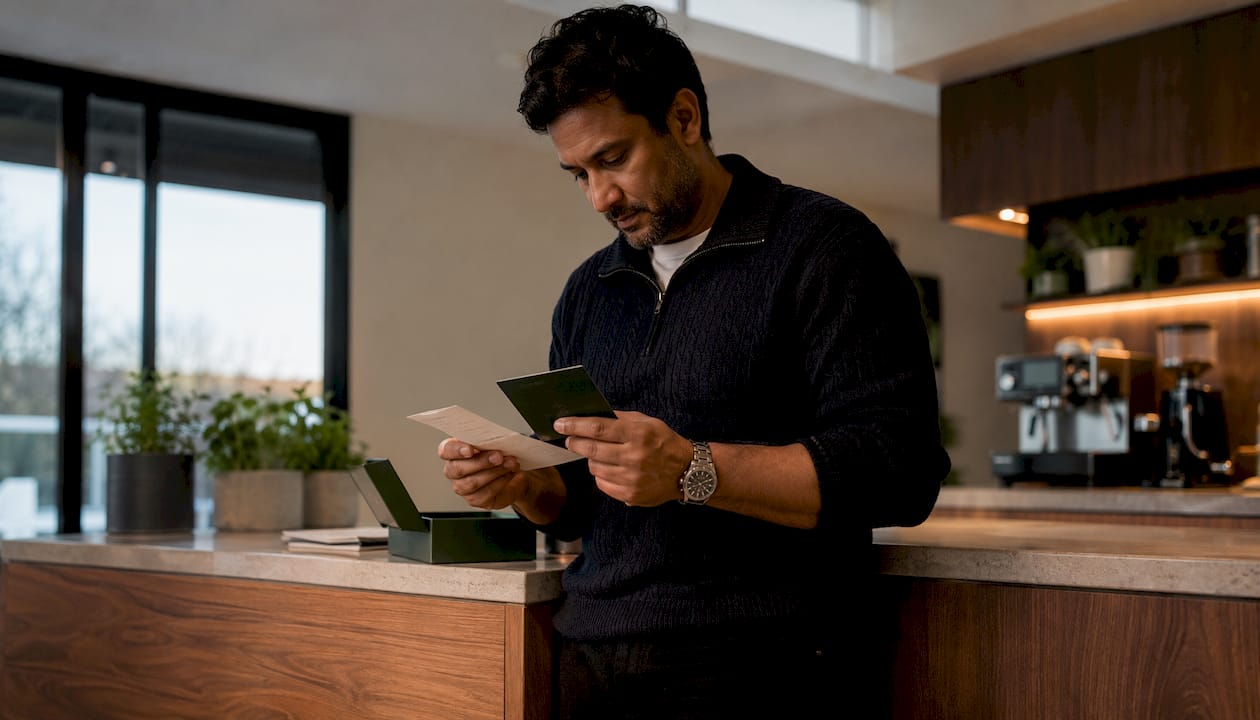 Man organizing Rolex sale documents at desk