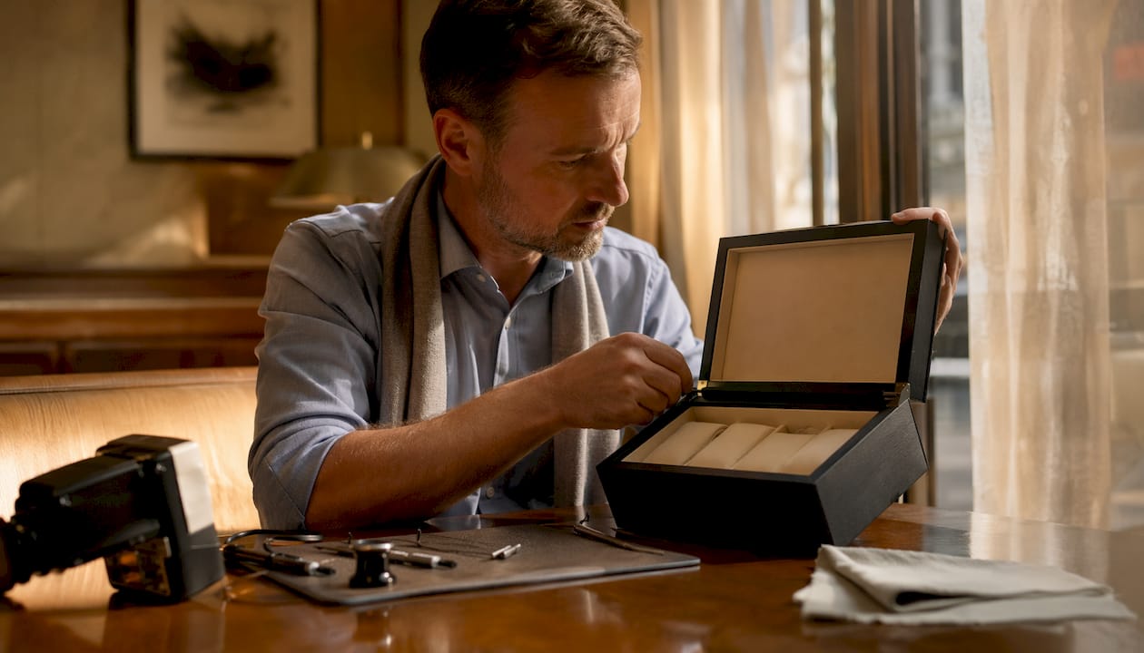 Man inspecting watch box hinge closely