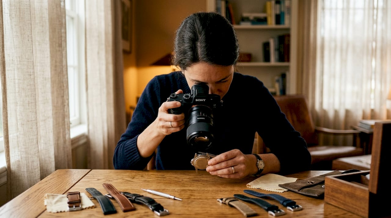 Collector photographing engraved watch lug numbers