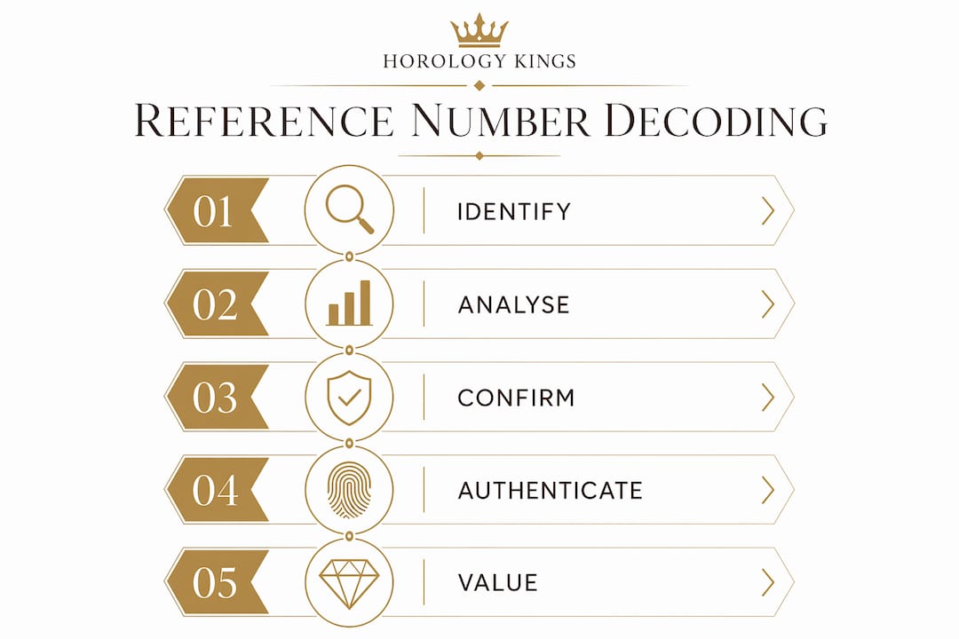 Infographic illustrating steps to decode watch reference numbers