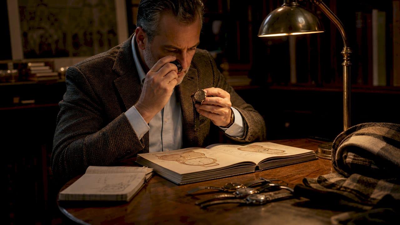 Man examining watch reference numbers at desk