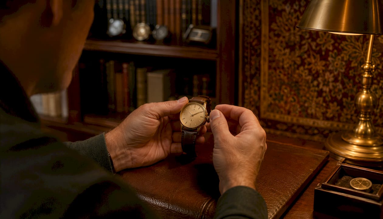 Collector examining signed crown watch closely
