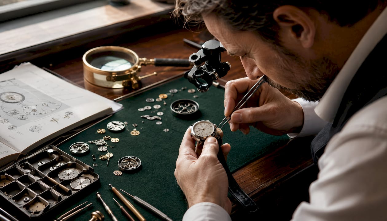 Watchmaker fitting signed crown on wristwatch