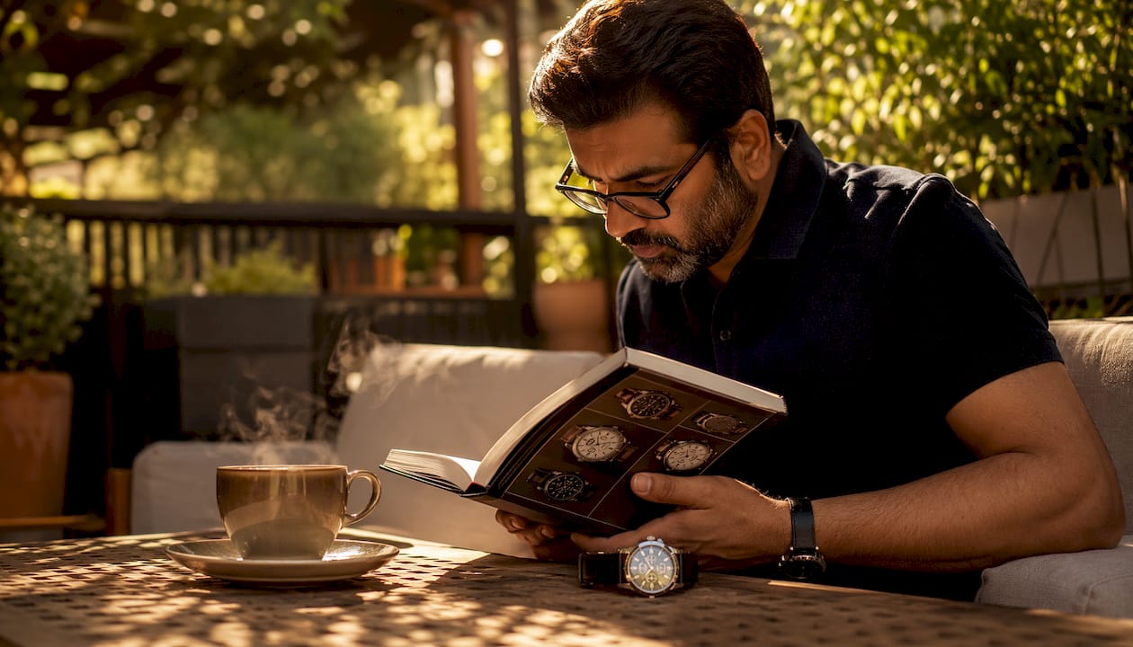 Man browsing pre-owned watch catalog