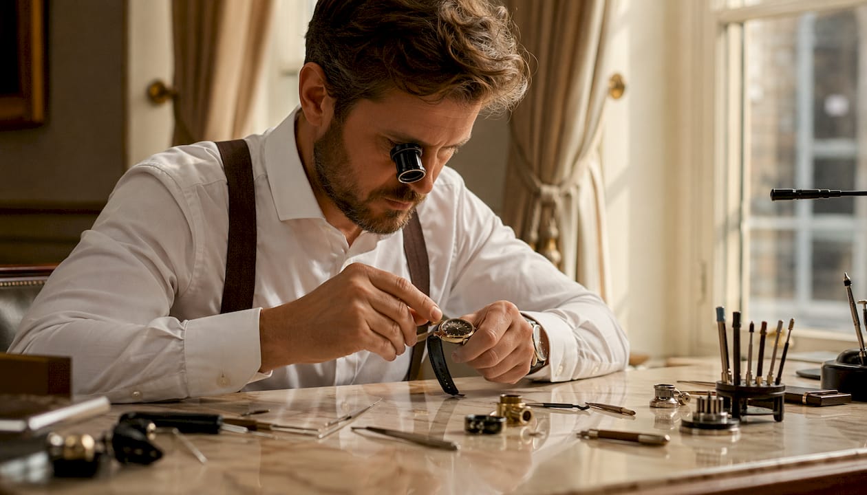 Watchmaker inspecting vintage wristwatch