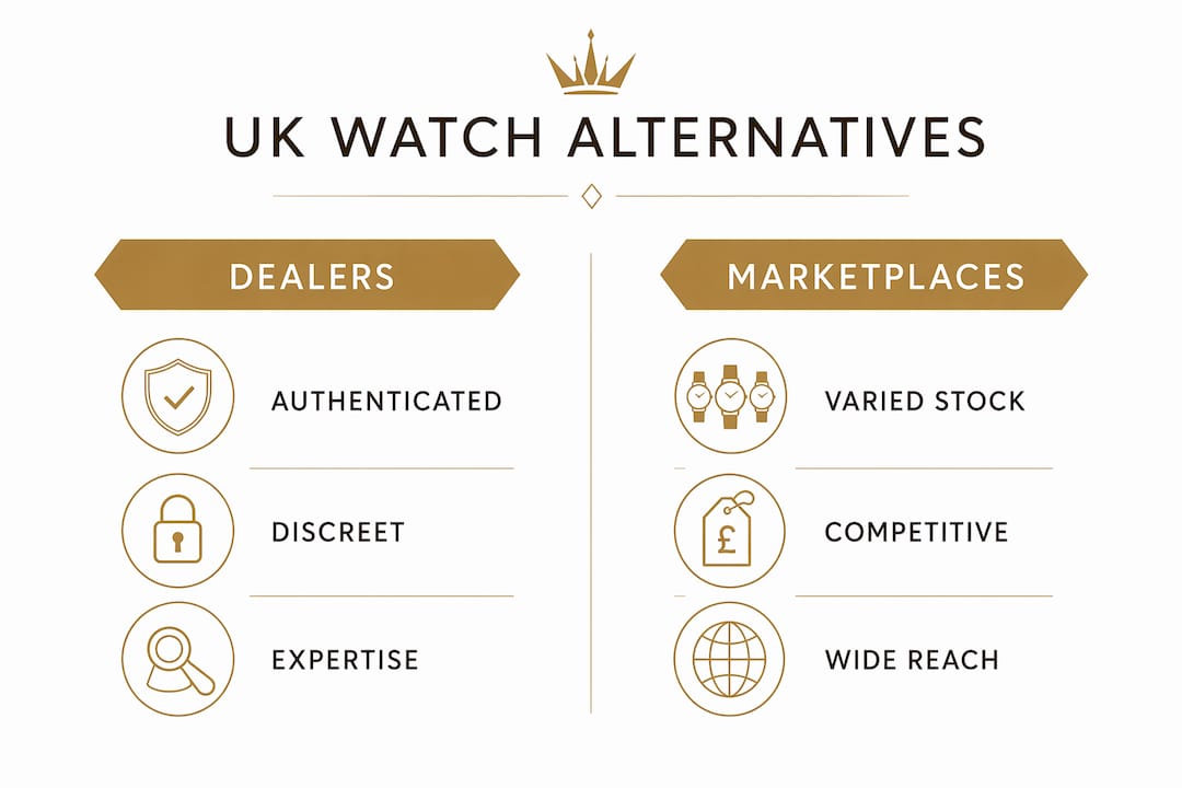 Infographic comparing UK watch dealers and marketplaces