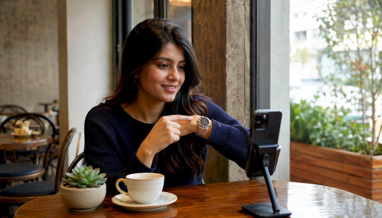 Hands showing luxury watch on video call for verification