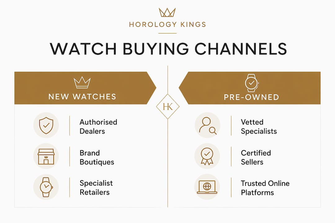 Infographic comparing new and pre-owned watch buying channels