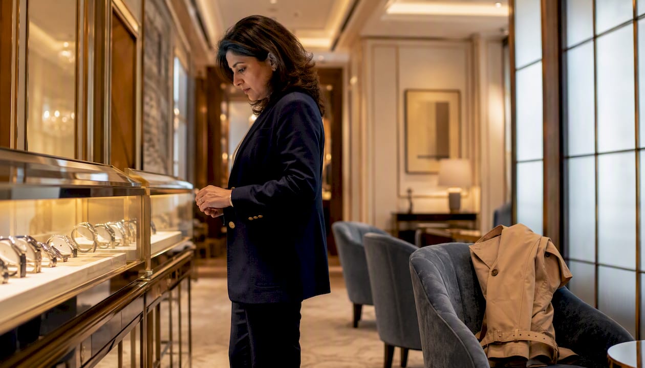 Woman browsing new Omega watches in UK boutique