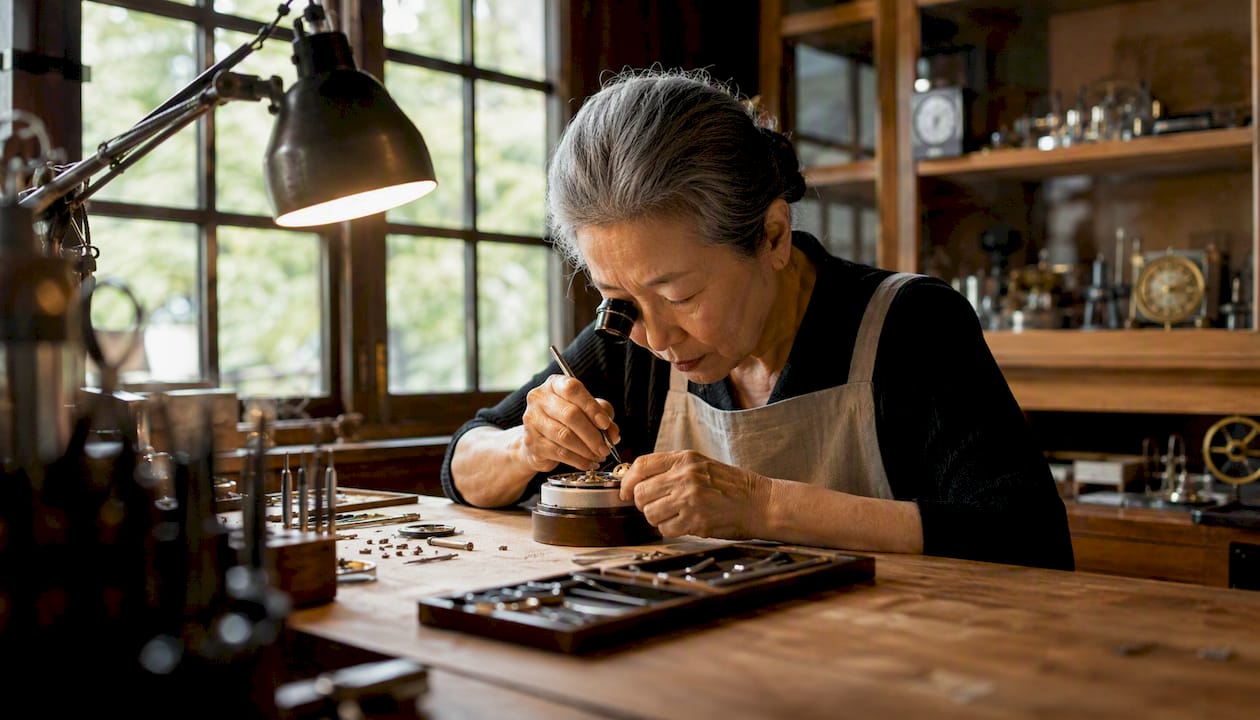 Horologist servicing Omega watch in UK workshop