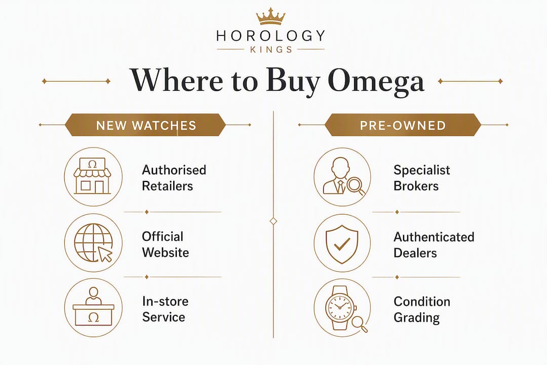Infographic comparing new vs pre-owned Omega buying options
