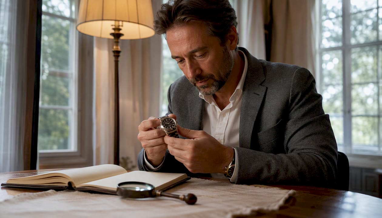 Man inspecting Rolex Yacht-Master at desk