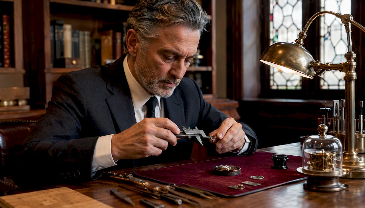 Horologist measuring Rolex movement components