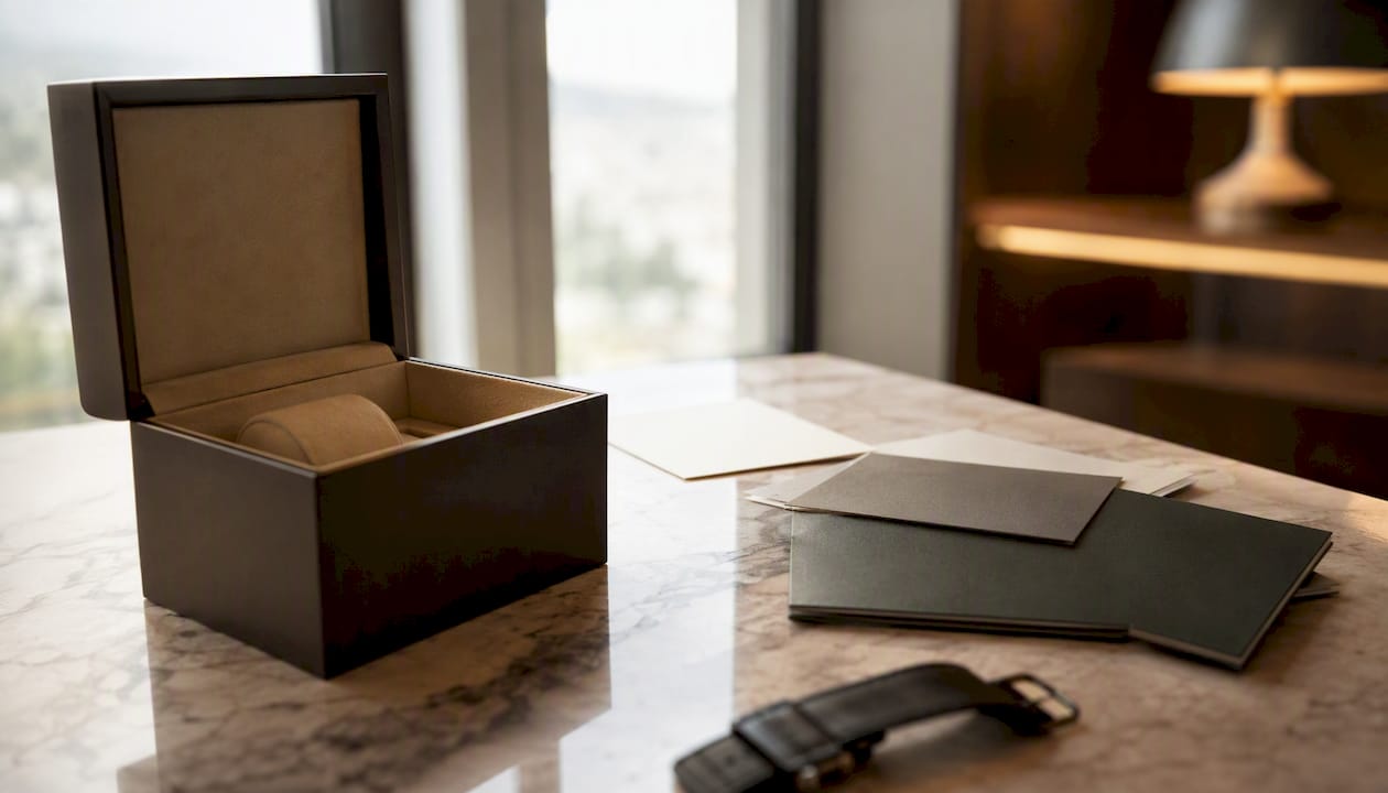 Luxury watch box and papers representing provenance