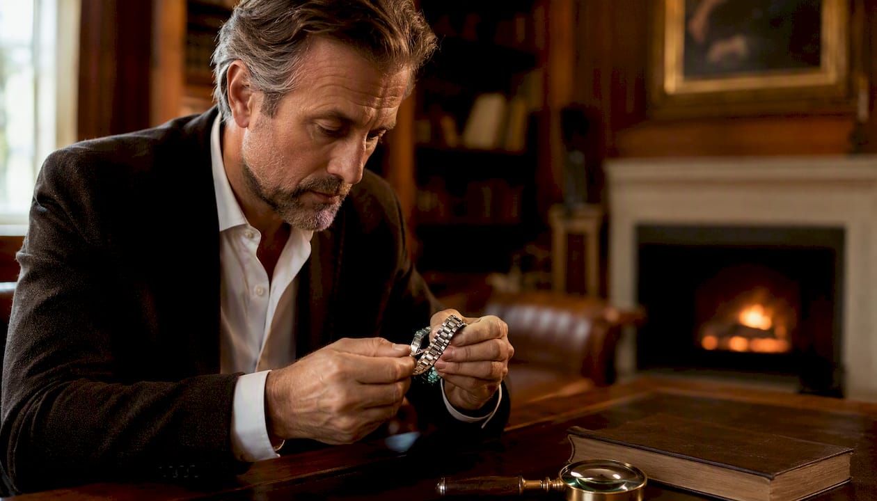 Collector inspecting luxury watch bracelet close-up