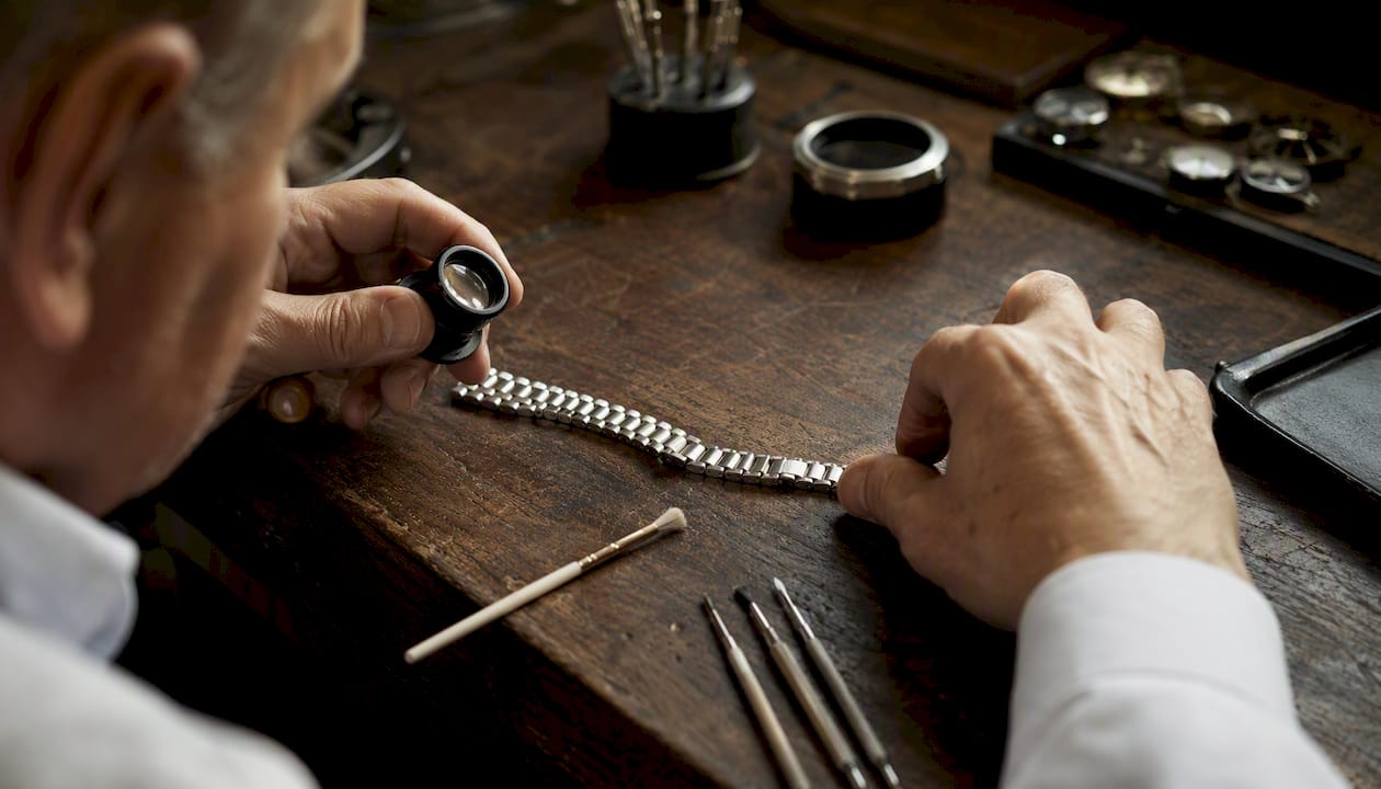 Close-up of hands inspecting watch bracelet stretch