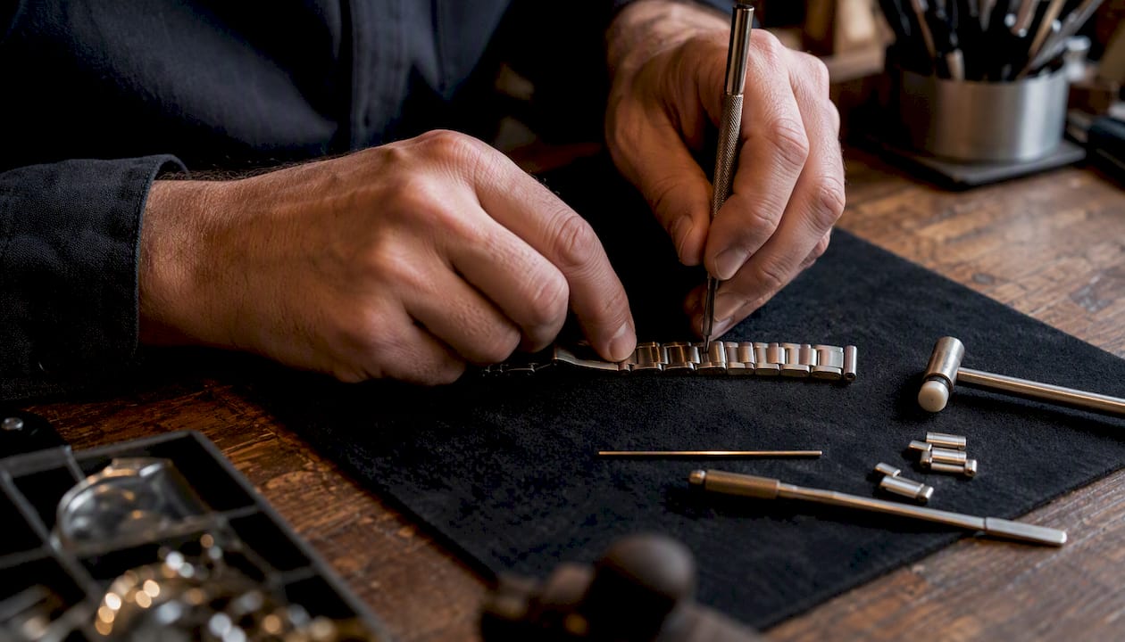 Horologist hands repairing watch bracelet pins