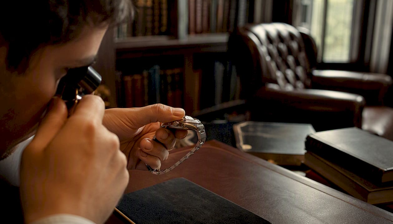 Hands examining watch serial number with loupe