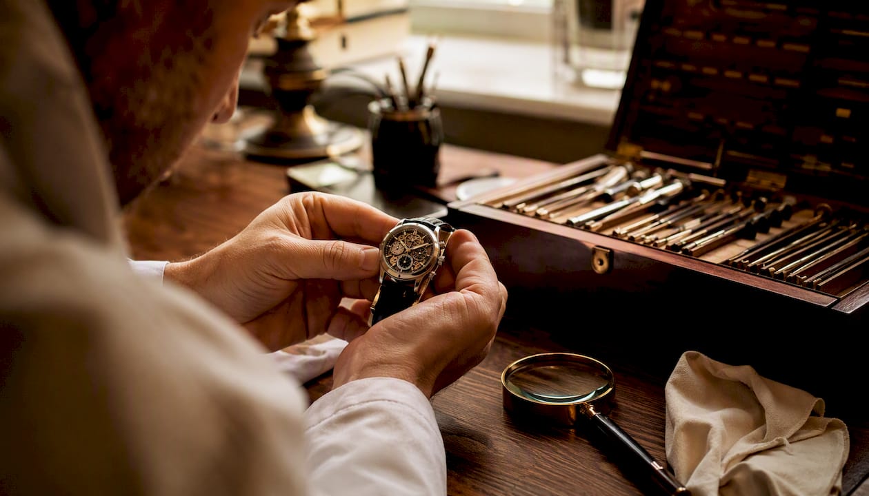 Watchmaker inspecting luxury watch closely