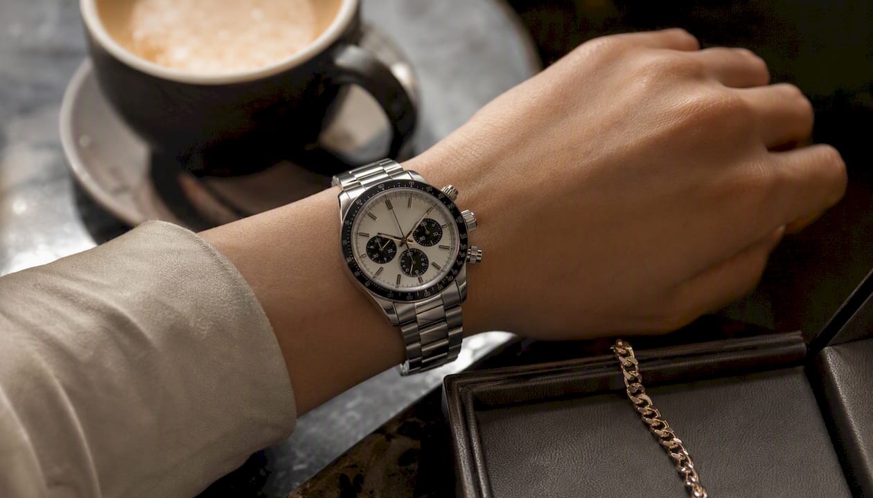 Close-up of luxury ladies chronograph watch on wrist